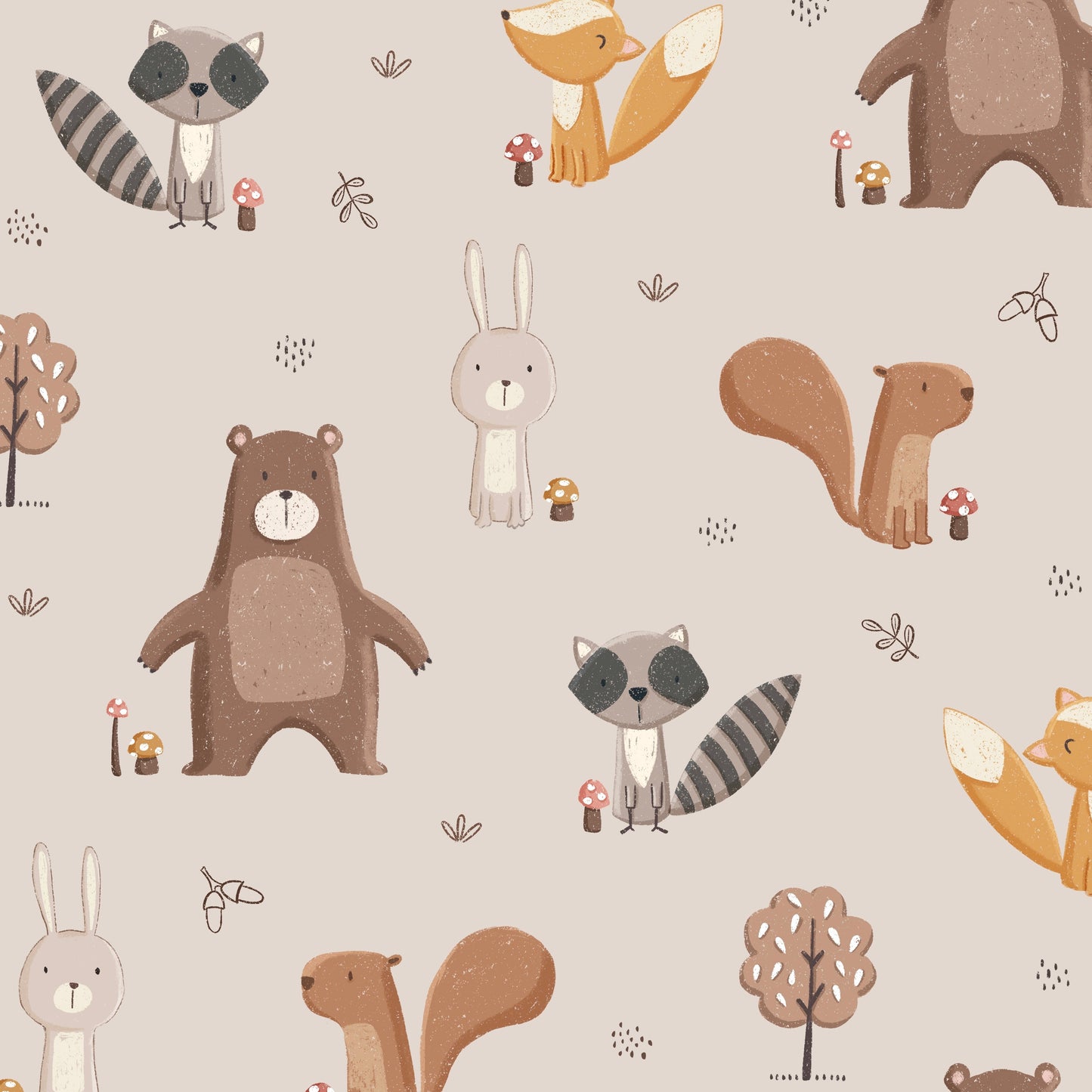 Stoff Waldtiere auf beige