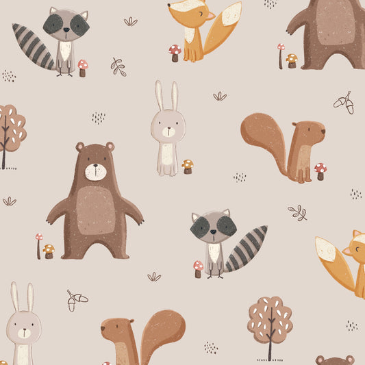 Stoff Waldtiere auf beige