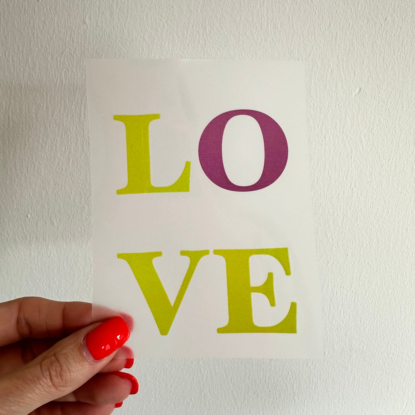Bügelbild LOVE grün, lila