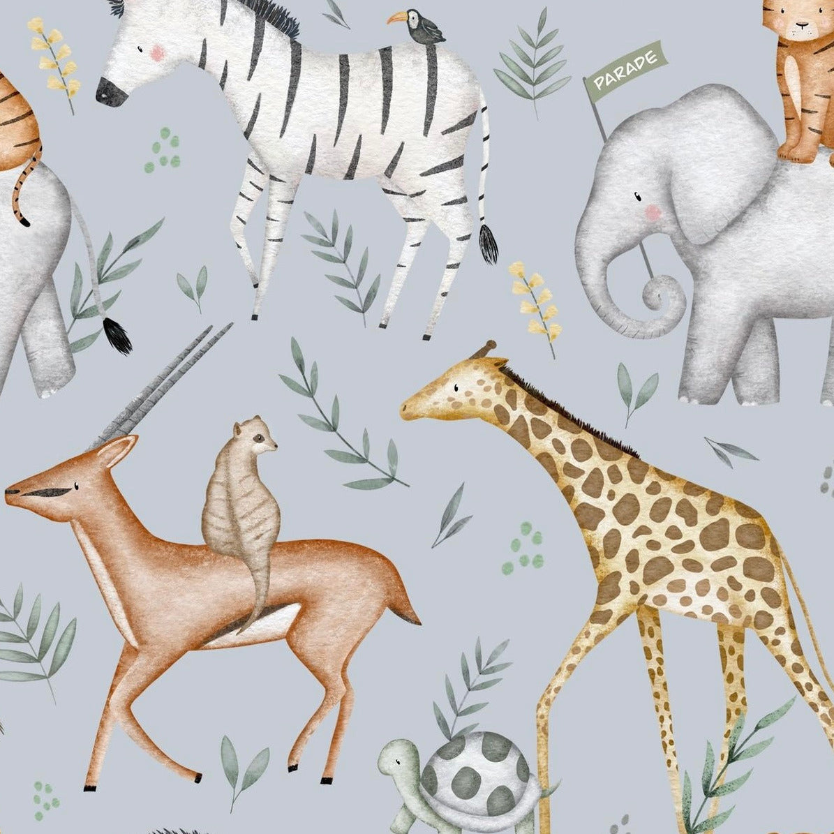 stoff grau mit wildtieren