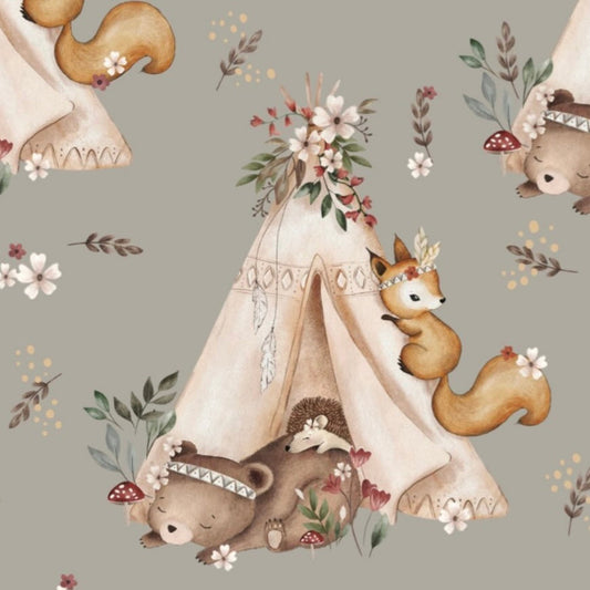 stoff mit waldtieren boho braun