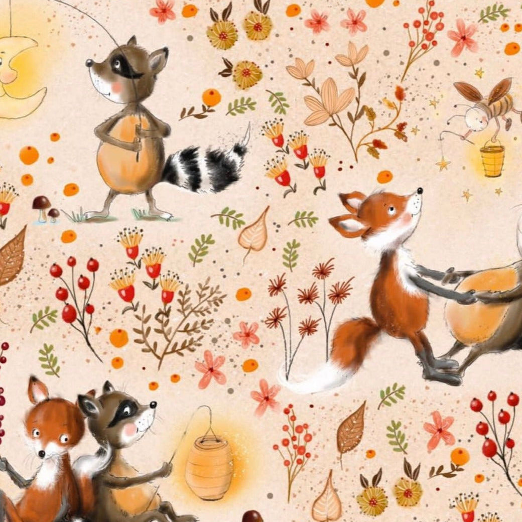 stoff mit waschbär und fuchs herbst
