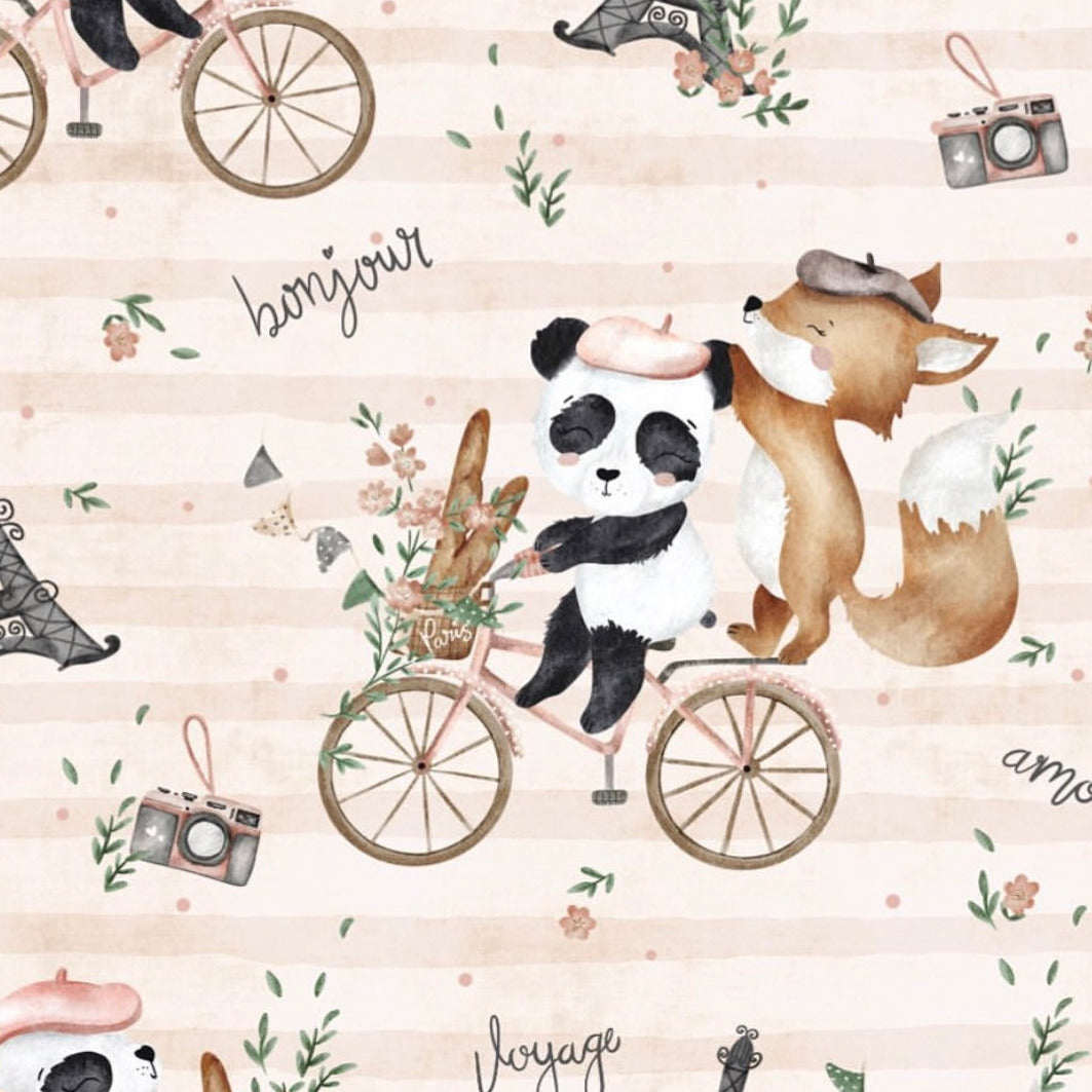 stoff rosa mit panda und fuchs in paris
