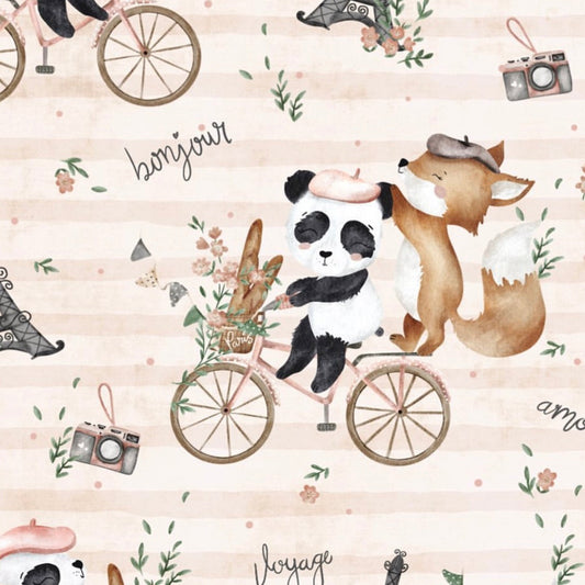 stoff rosa mit panda und fuchs in paris