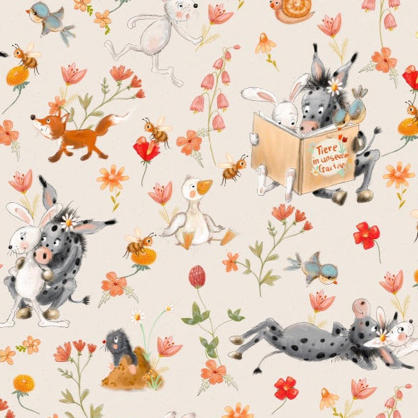 stoff mit bluemn esel und hase