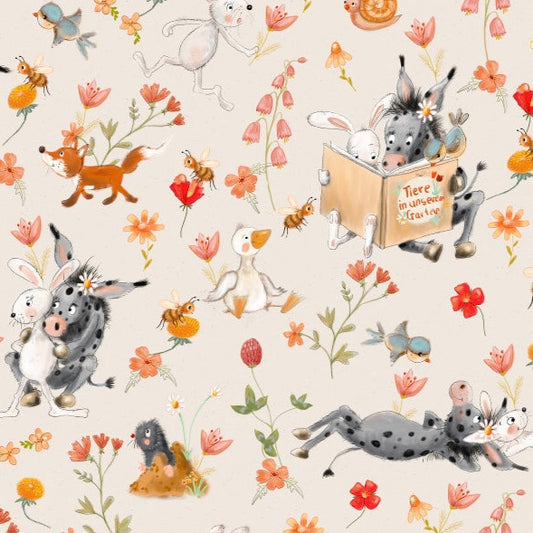 stoff mit bluemn esel und hase