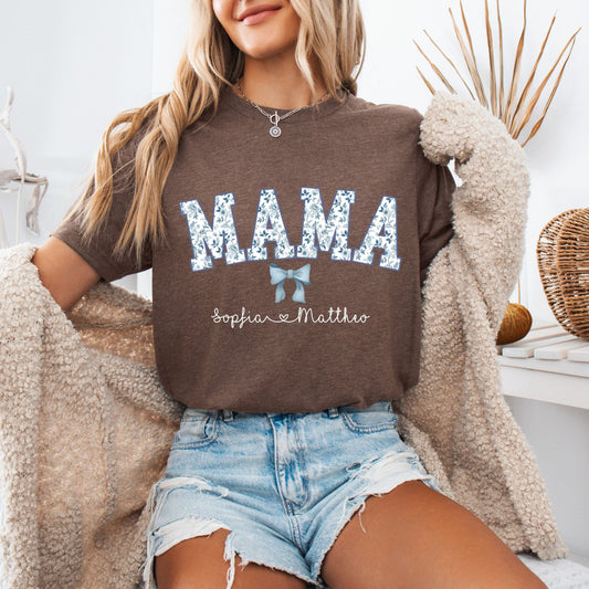 personalisierbares T-Shirt Mama mit Schleife und Blumen