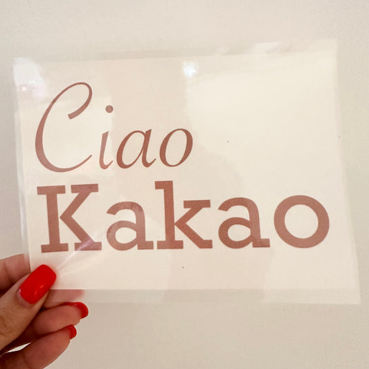 Bügelbild Ciao Kakao weiß , rosa