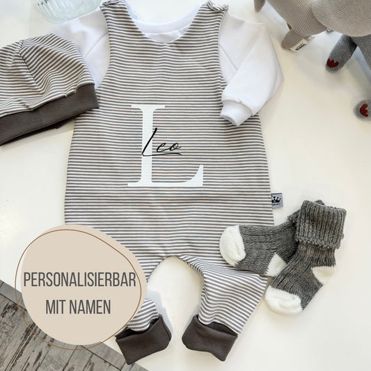 Strampler Set Taupe Streifen  mit Namen und Mütze